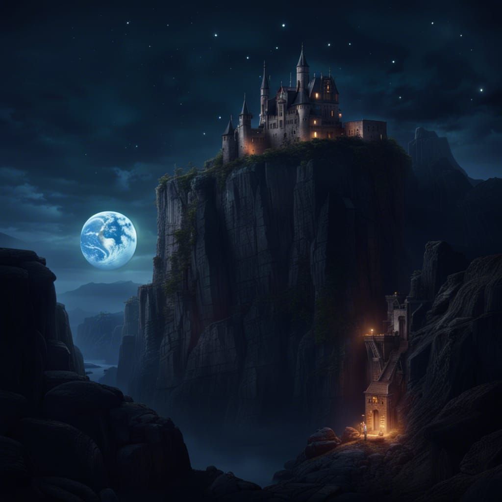Dark Fantasy Castle Under Moonlight, Digital Art