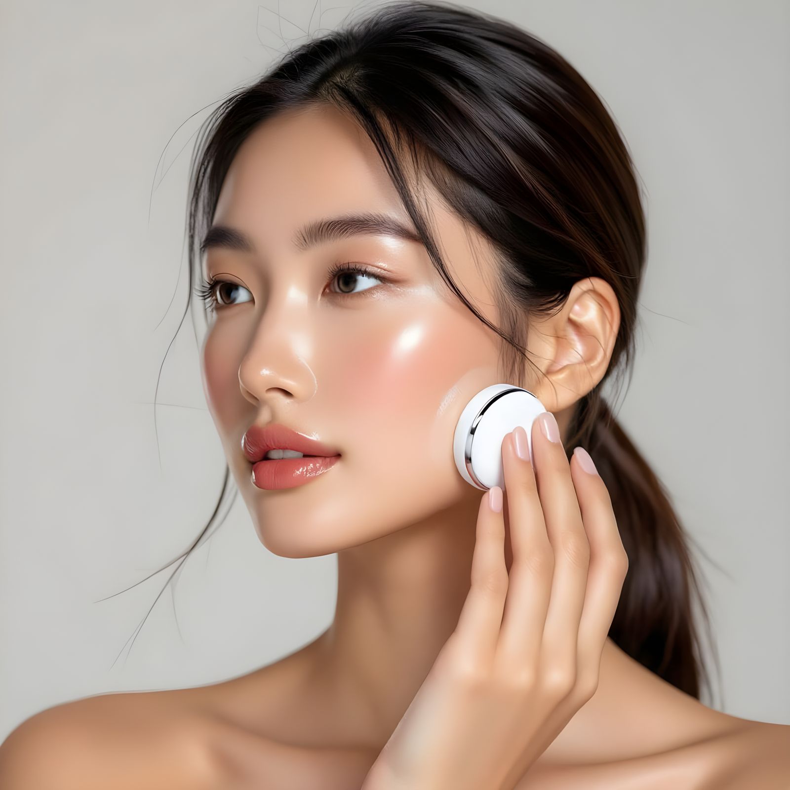 Asian Model Cleansing Skin with Studio Lighting