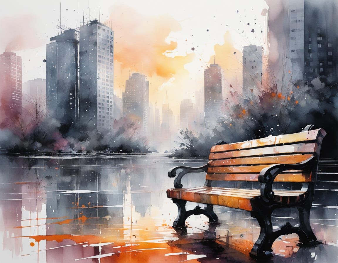 City Sunrise: Watercolor Bench in Carne Griffiths Style