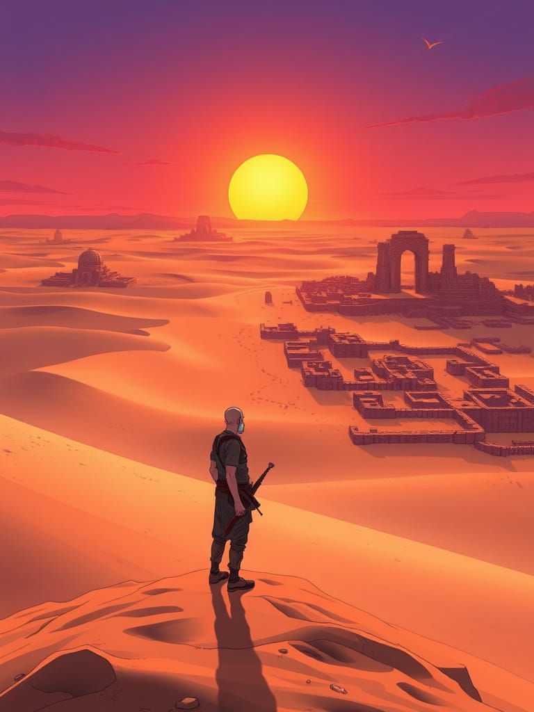 Surreal Desert Odyssey in Anime-Inspired Style