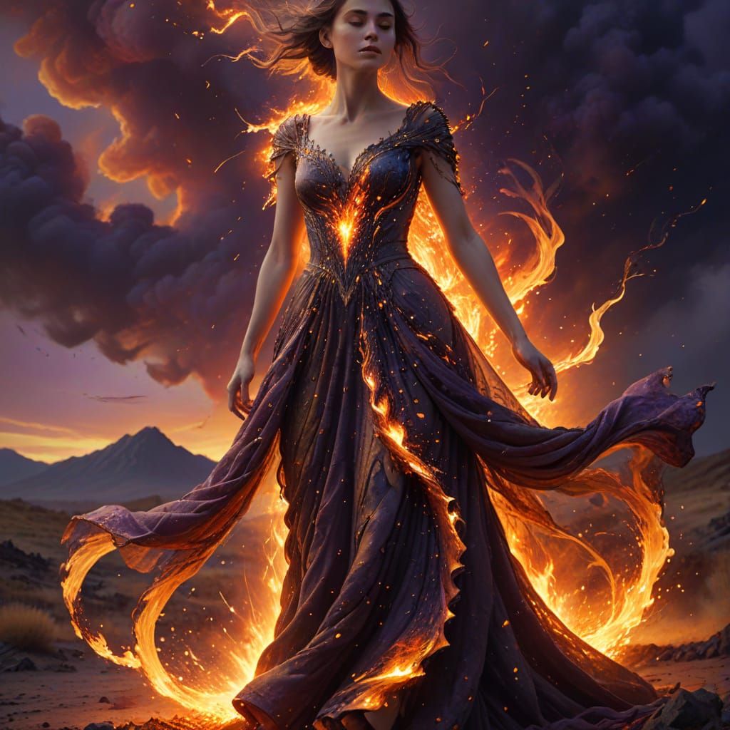 Ethereal Fire Dress with Flowing Ash in Sunset