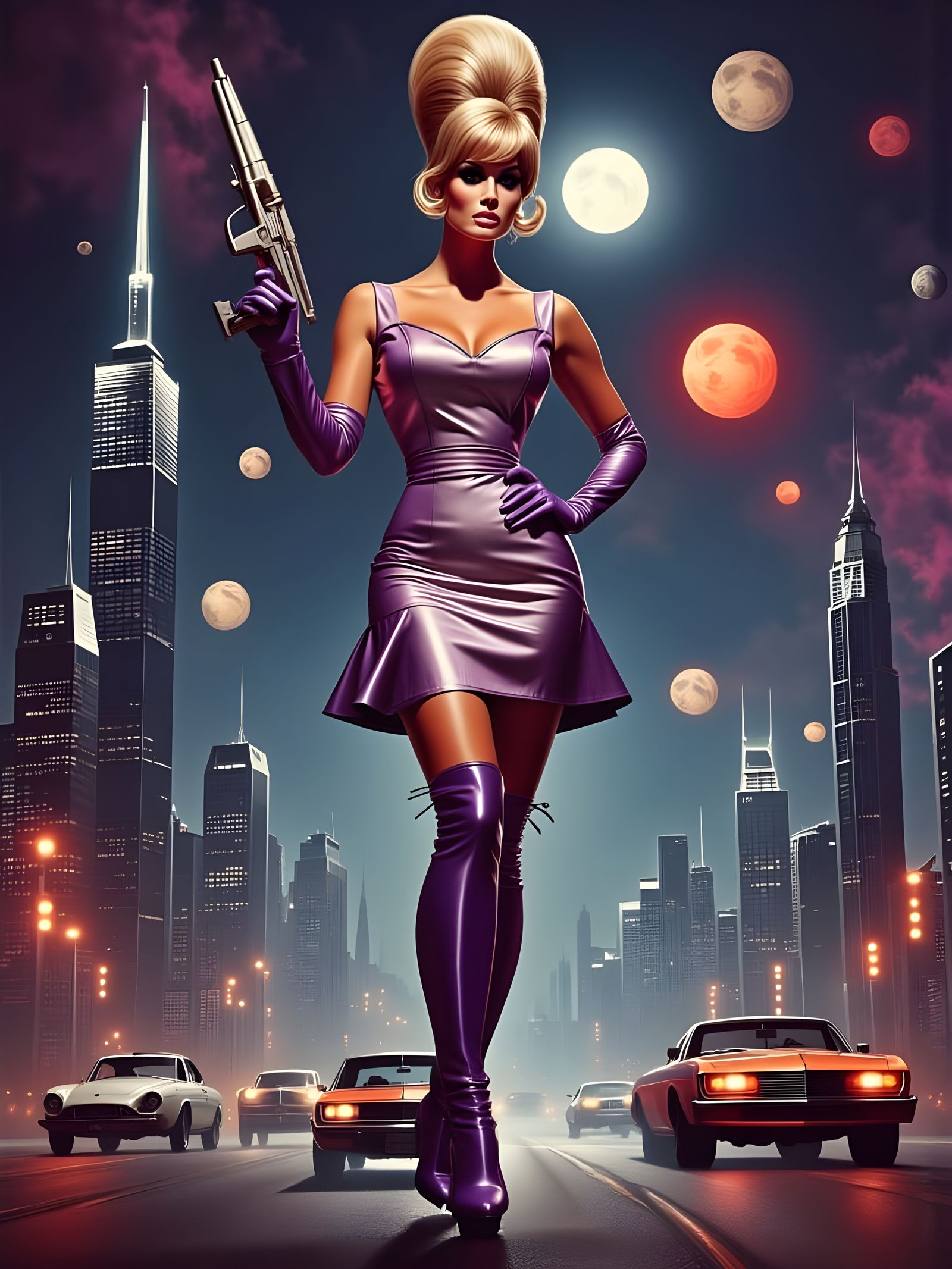 Sleek Space Age Secret Agent in Retro-Futuristic Cityscape