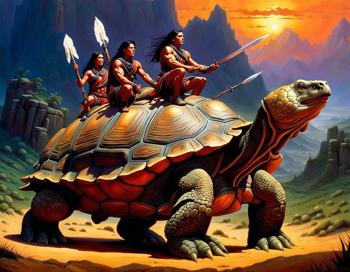 Indigenous Warriors Ride a Giant Tortoise