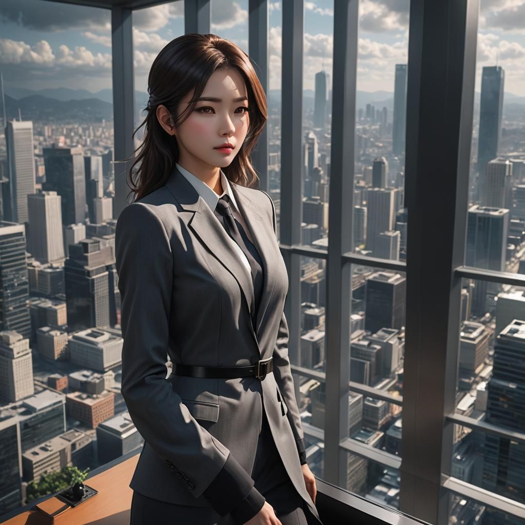 Executive Woman in High-Rise Office: 3D Anime Art