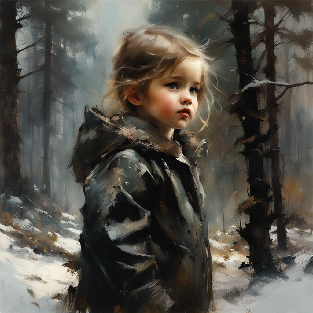 Girl with Black Rose in Winter Forest