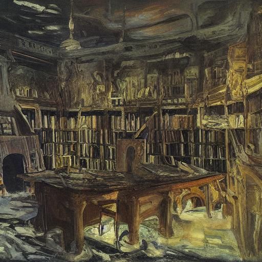 Darkly Lit Vampire Library in Expressionist Style