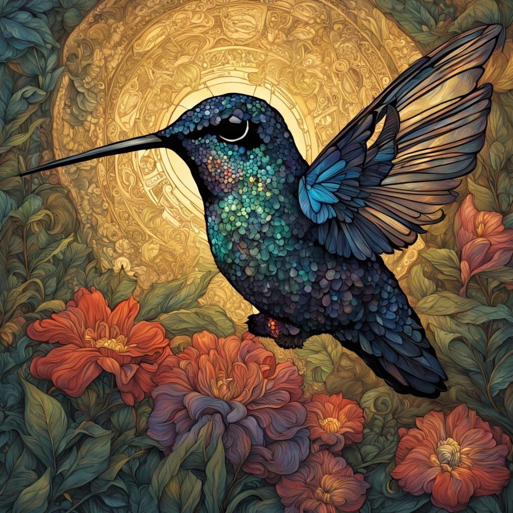 Goth Hummingbird Sipping Nectar: Klimt and Schiele Style