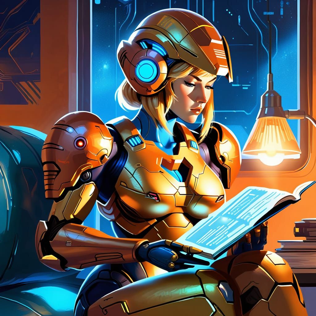 Samus Aran Reading in Apartment: Sci-Fi Digital Art