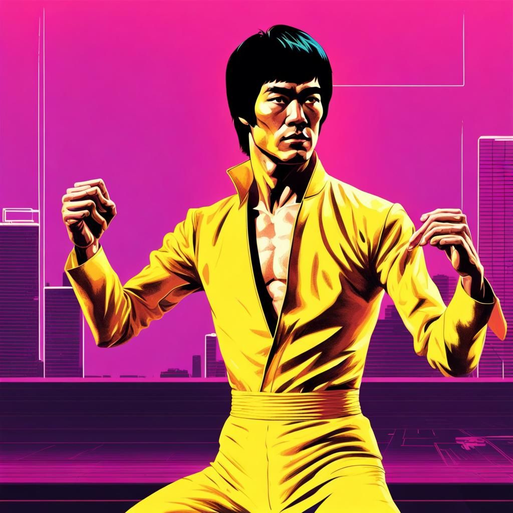 Bruce Lee in Yellow Suit, Synthwave Neon Art