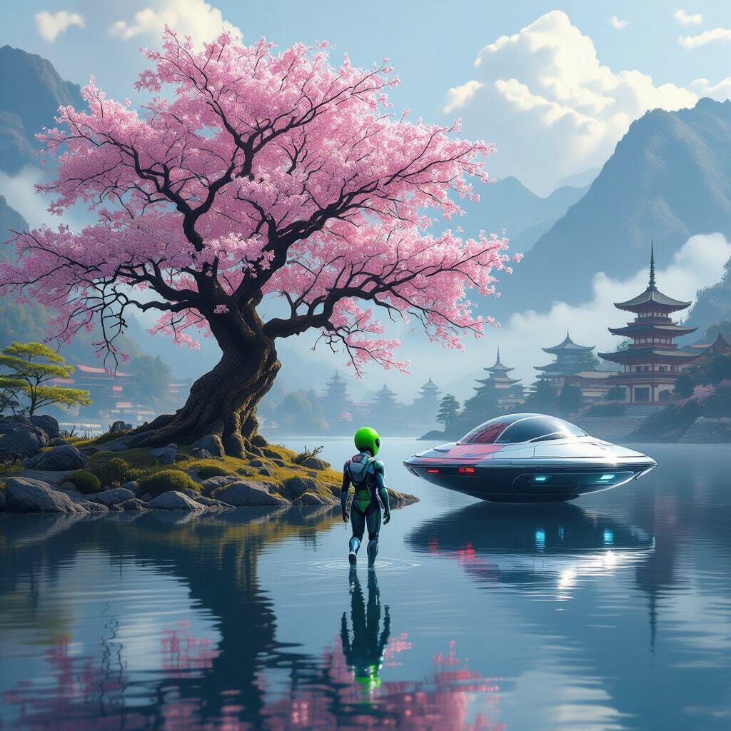 Alien Spaceship and Sakura Tree Landscape