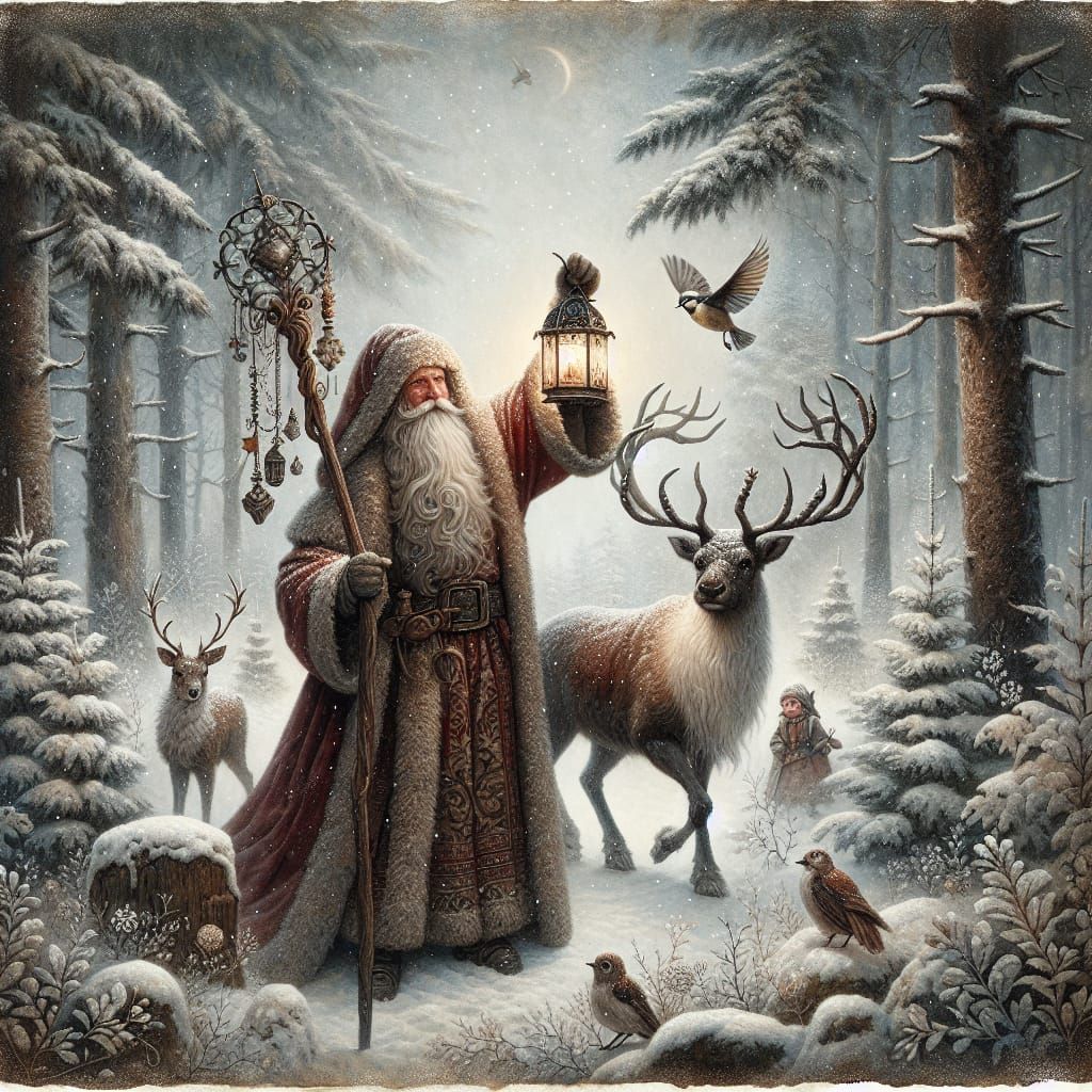 Woodland Santa with Reindeer and Elf in Winter Landscape