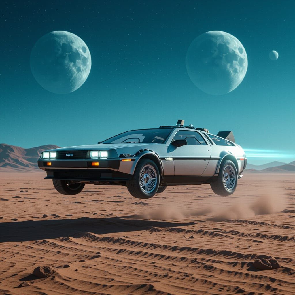 Futuristic DeLorean Hovers Over Alien Desert Landscape