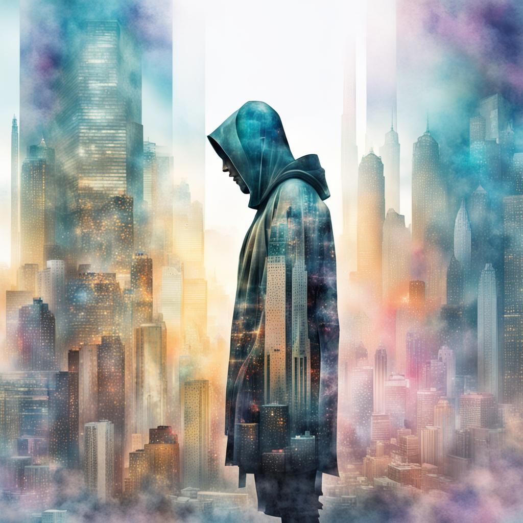 Cyberpunk Jesus Hacker in Double Exposure Watercolor