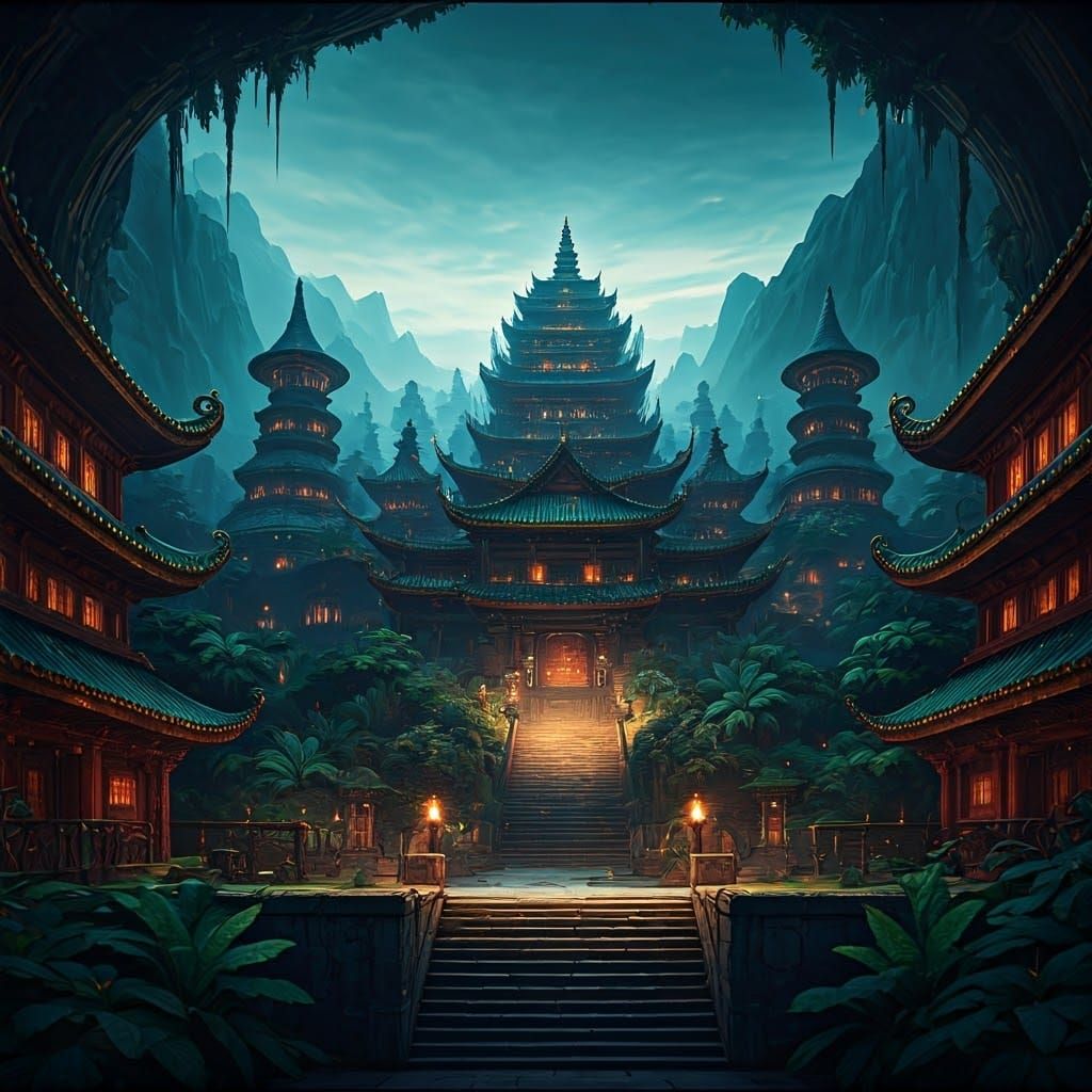 Kongo Cityscape at Dusk in Impressive Art Nouveau Style