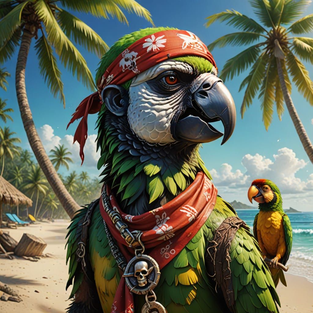 Pirate Parrot and Monkey in Vibrant Beach Scene