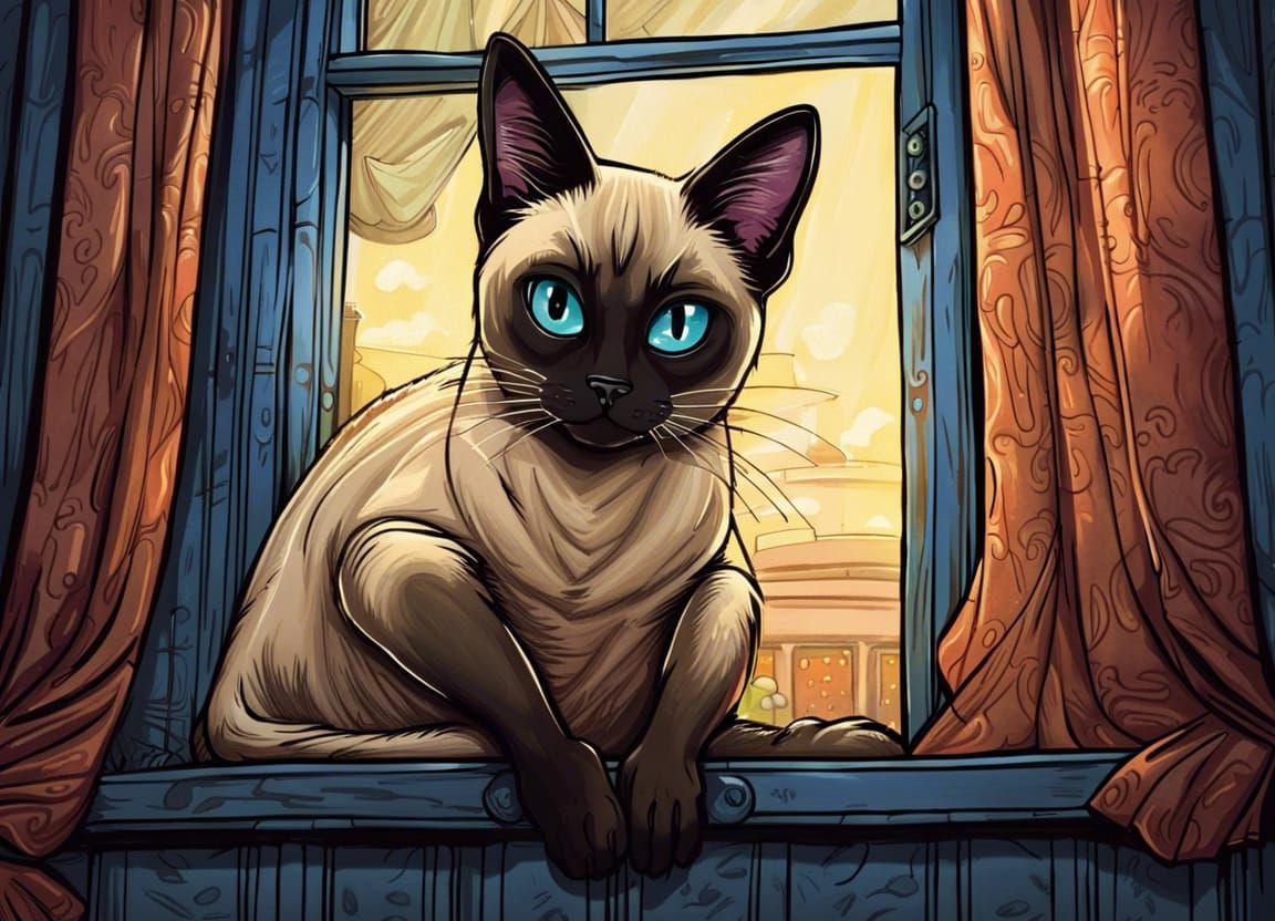 Siamese Cat in Window, Dan Mumford Style