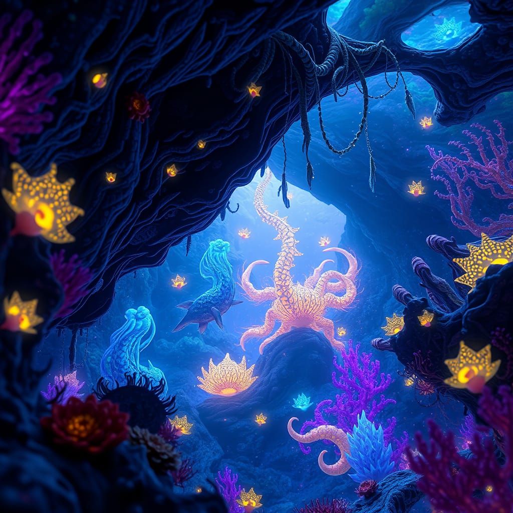 Bioluminescent Grotto: A Hyperrealistic Splash Art