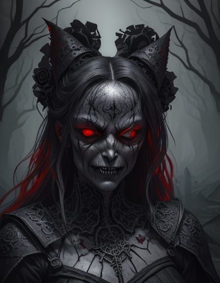 Gothic Girl's Evil Smile in Eerie Graveyard