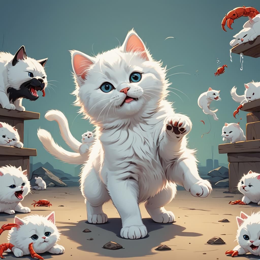 Cartoon Kitten Ready to Pounce on Crab