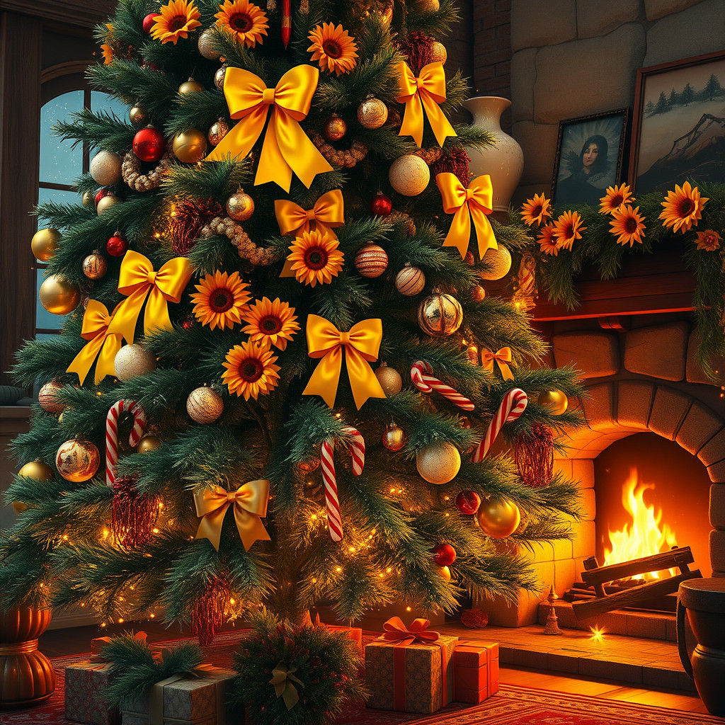 Christmas Tree with Sunflowers in Art Nouveau Style