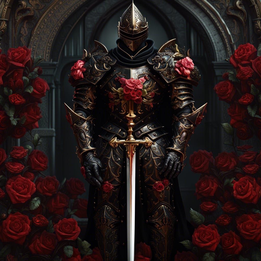 Ornate Knight in Gilded Armor with Crimson Roses