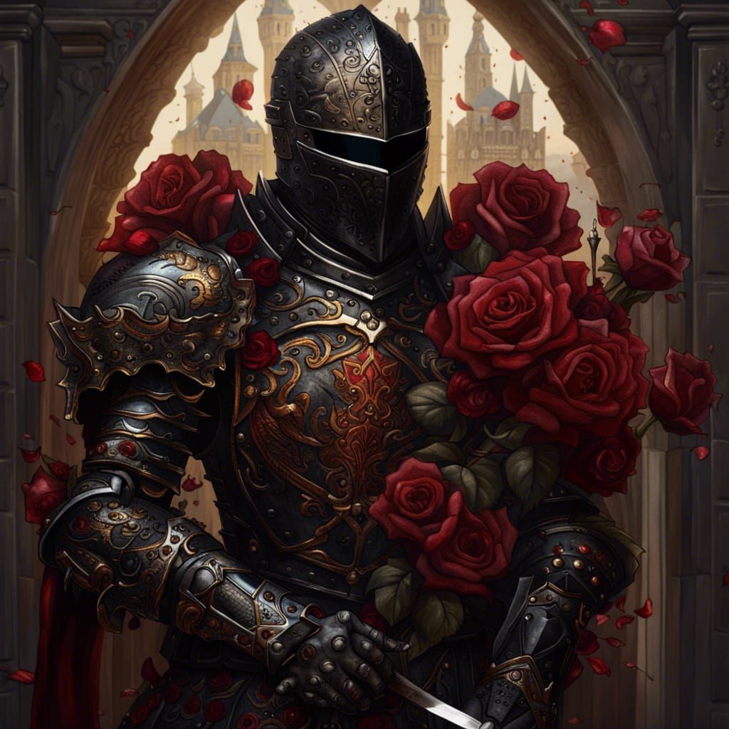 Ornate Knight in Black Armor with Crimson Roses