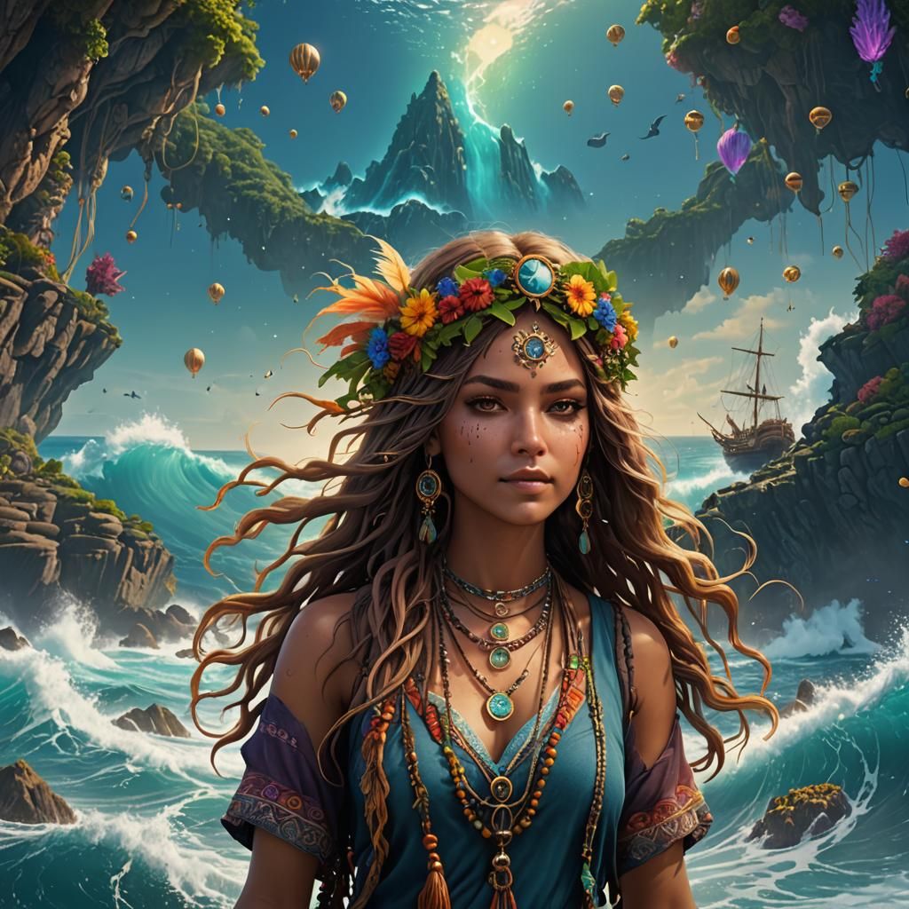 Hippie Girl Ocean: Detailed Fantasy Art