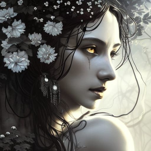 Moonlight Flower Goddess in Black and White