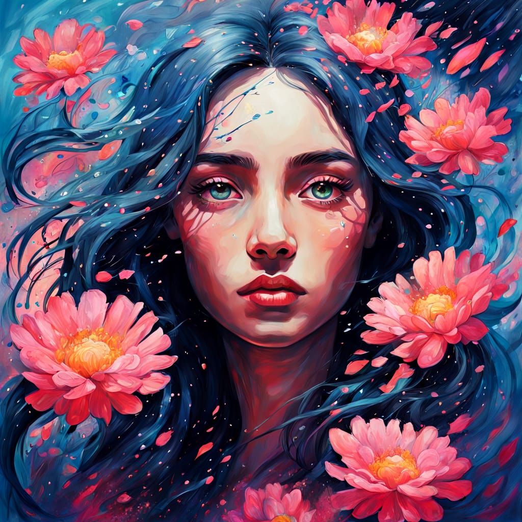 Vibrant Risograph Portrait with Dreamy Eyes and Melting Flow...