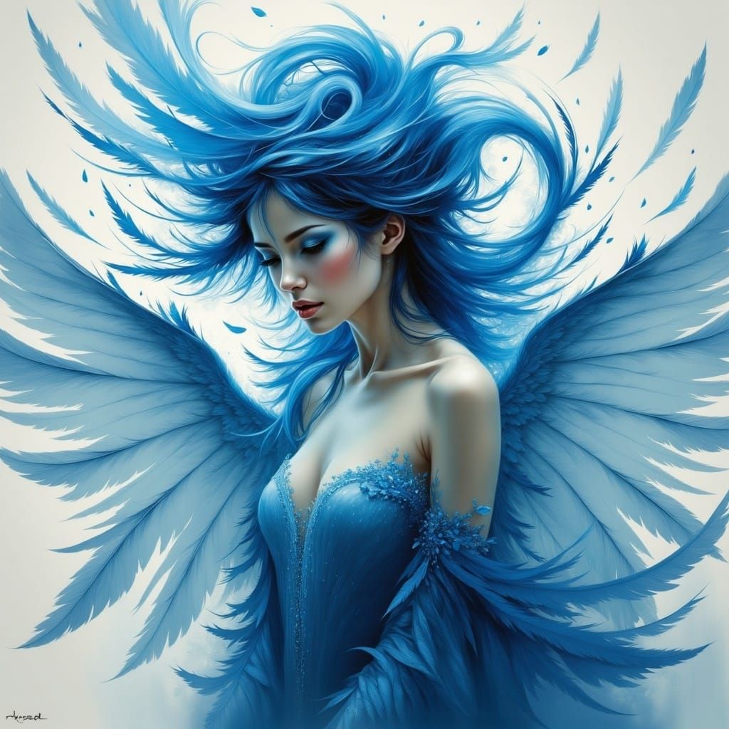 Ethereal Water Goddess with Flowing Blue Hair