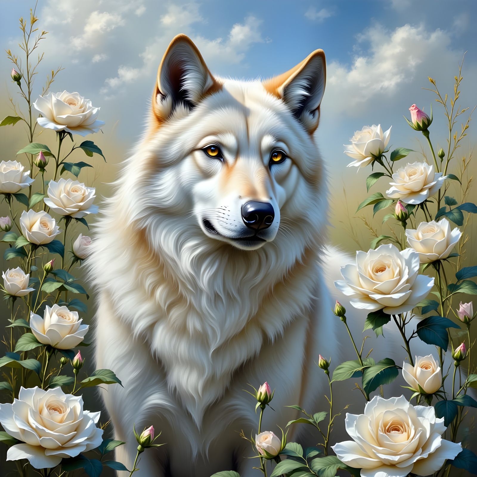 Wolf Among Roses in Realistic Oil Painting Style