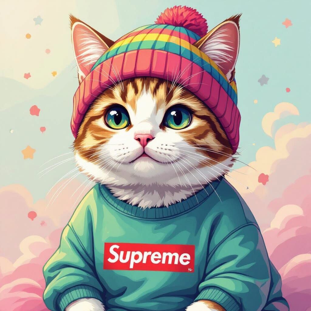 Trendy Cat in Supreme Shirt, Pop Art Style