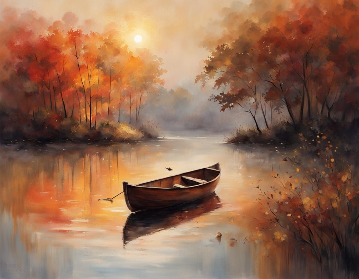 Serene Autumn Lake at Sunset with Rowboat Watercolor Paintin...