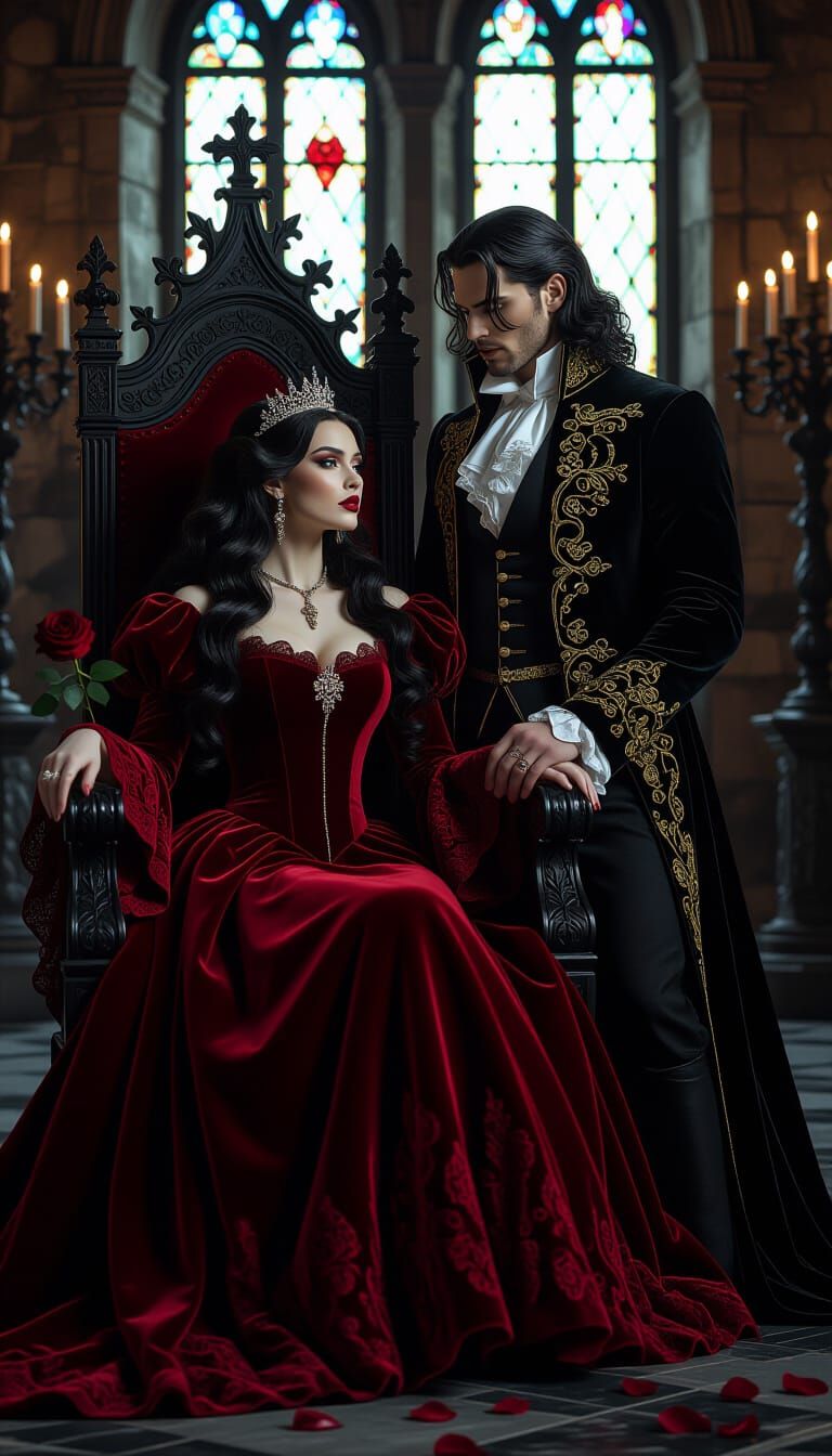 Gothic Royal Couple in Candlelit Throne Room