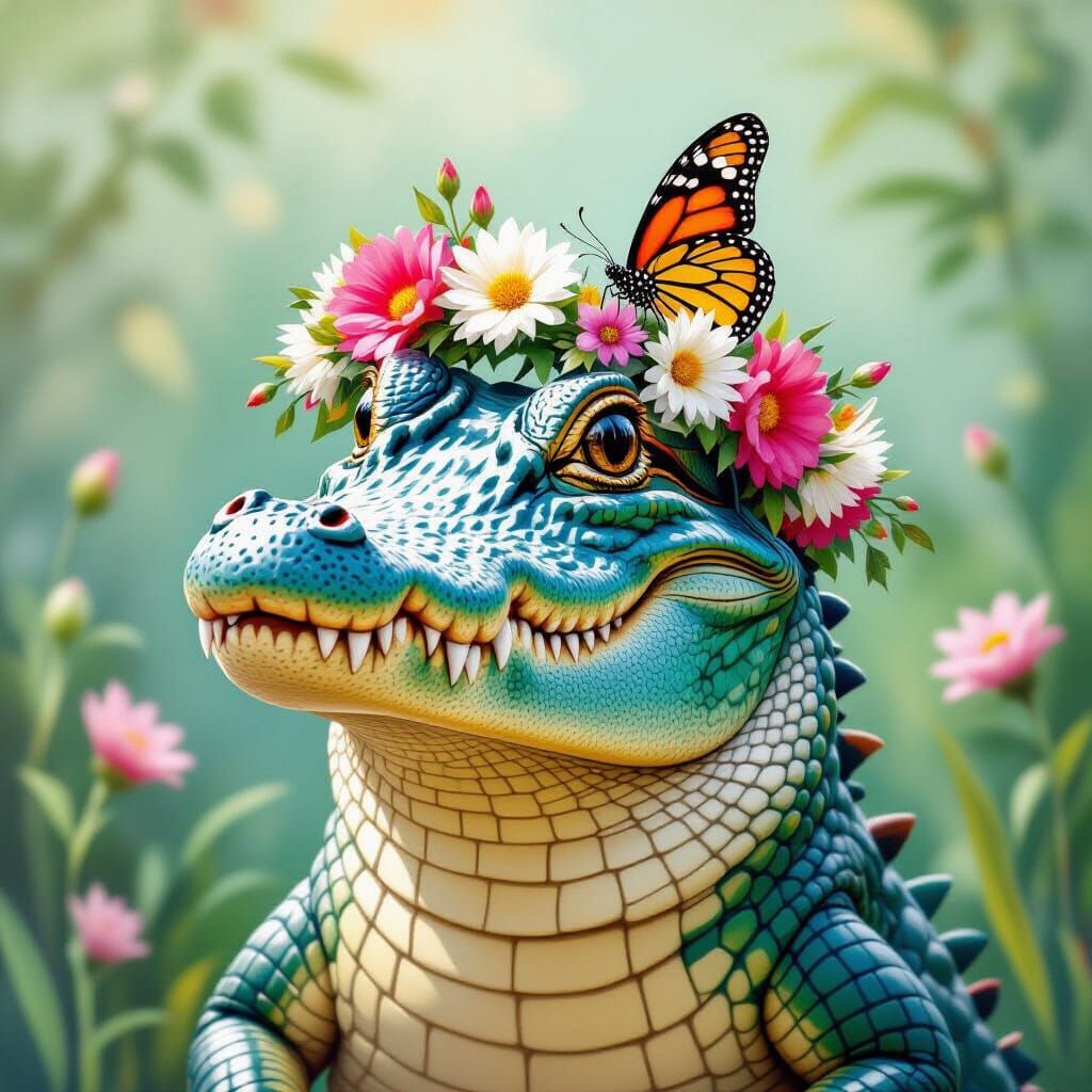 Happy Alligator with Butterfly, Floral Crown