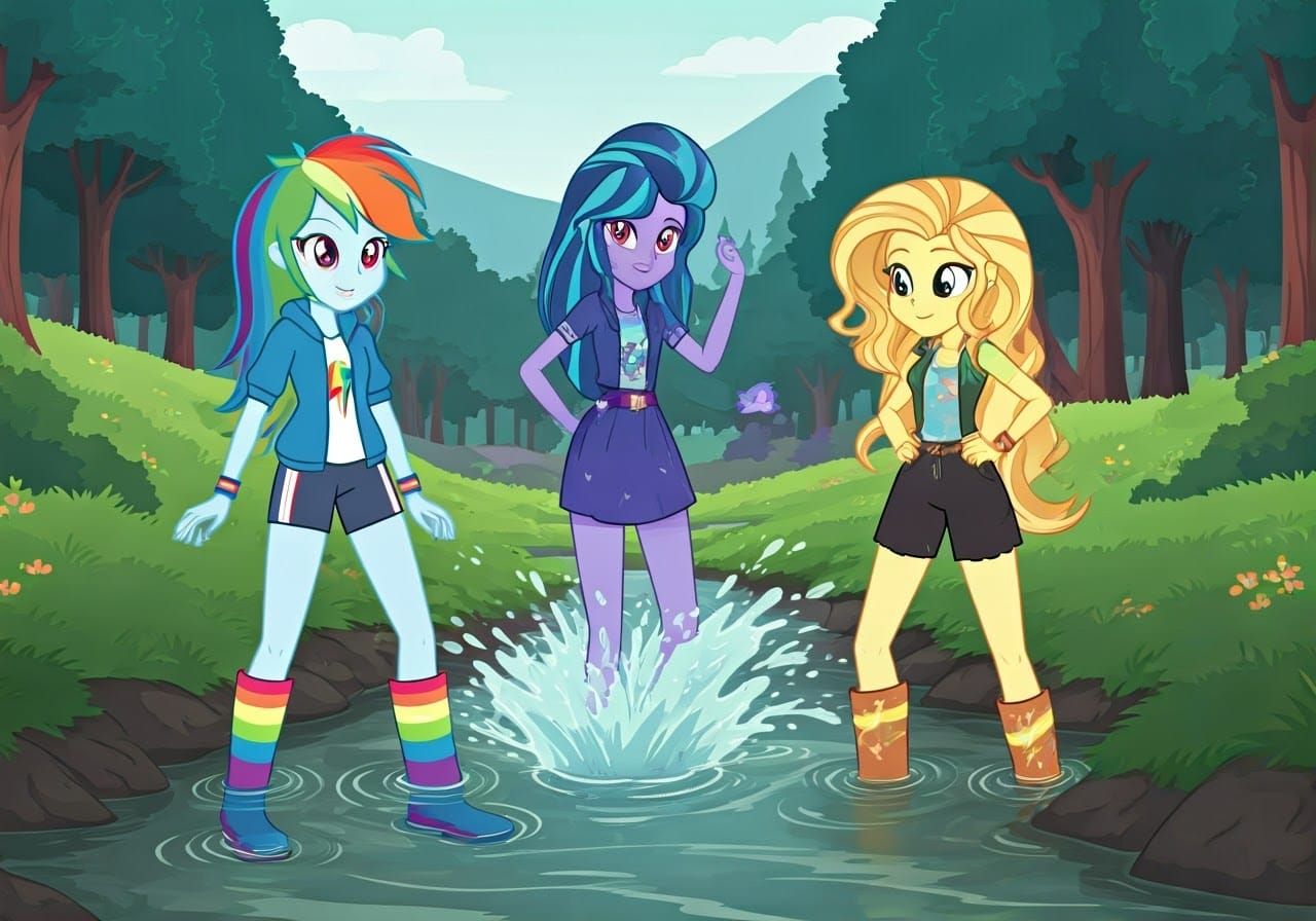 Rainbow Haired Friends Splashing in Stream, Fan Art