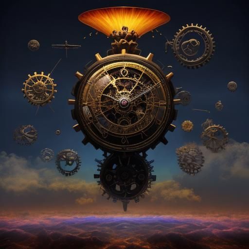 Surreal Floating Cow in Clockwork Dreamscape