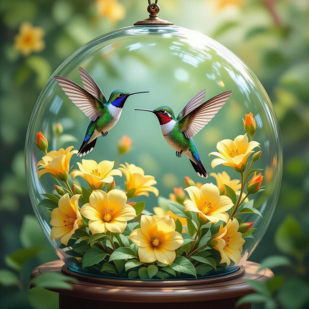 Hummingbirds in Glass Dome with Yellow Flowers