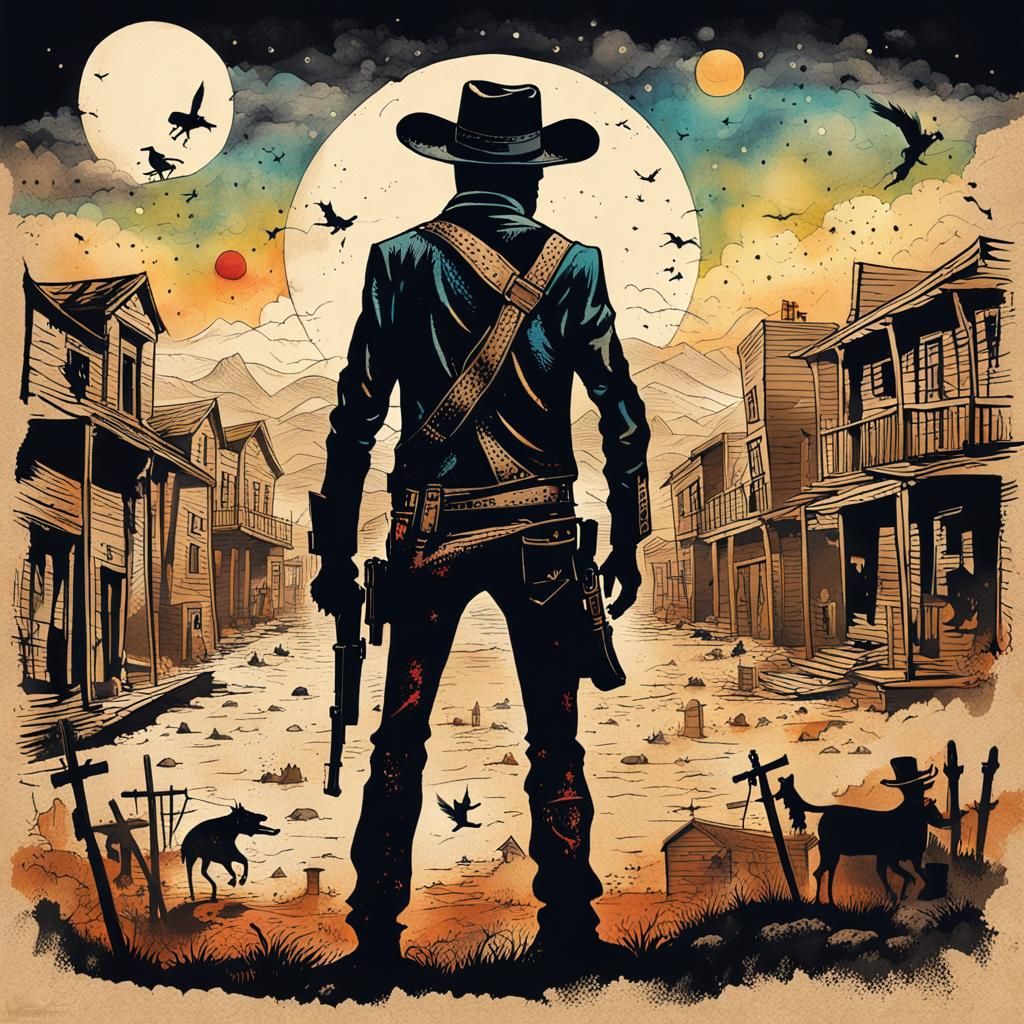 Gunslinger Silhouette in Wild West Town, Miró Style