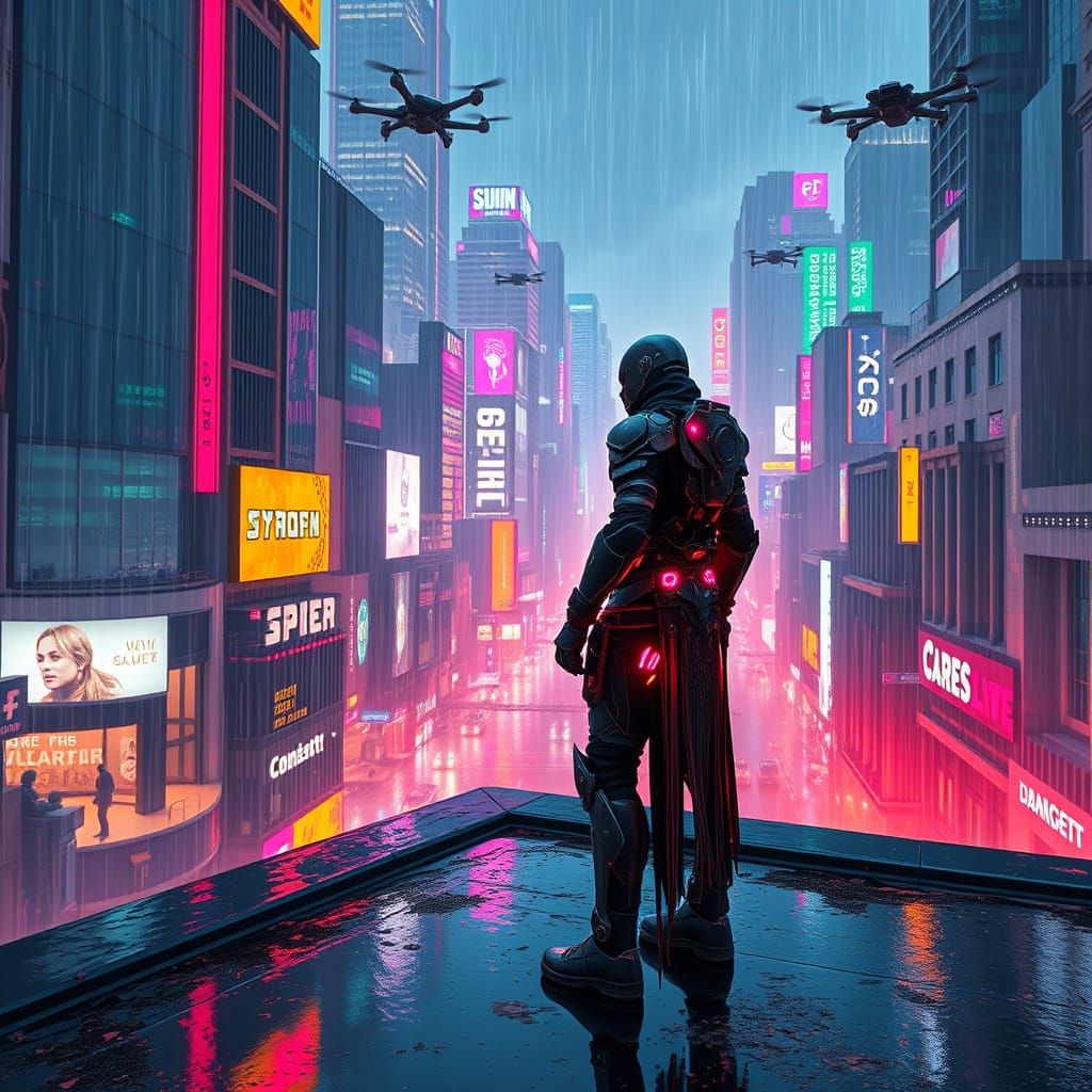 Cyberpunk Warrior in Neon Cityscape