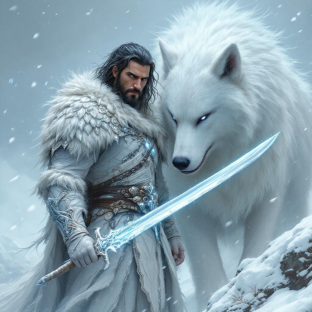 Swordsman with Spectral Wolf in Snowy Fantasy Landscape