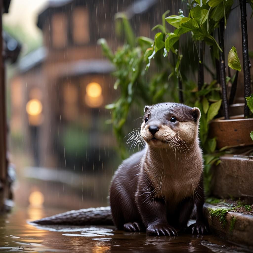 baby otter waiting in the rain for her artist best friend to come home