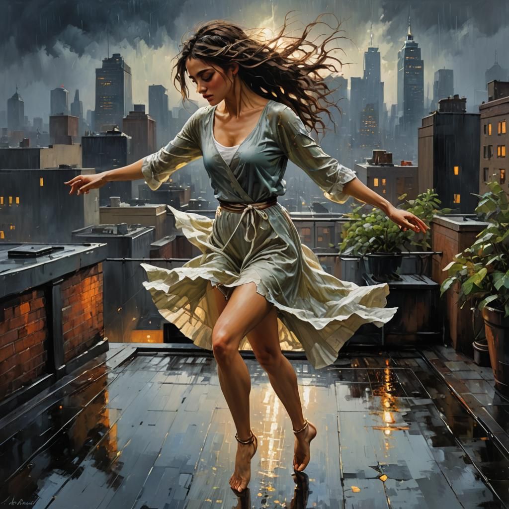 Barefoot Dancer in Rainy City Rooftop Oil Painting