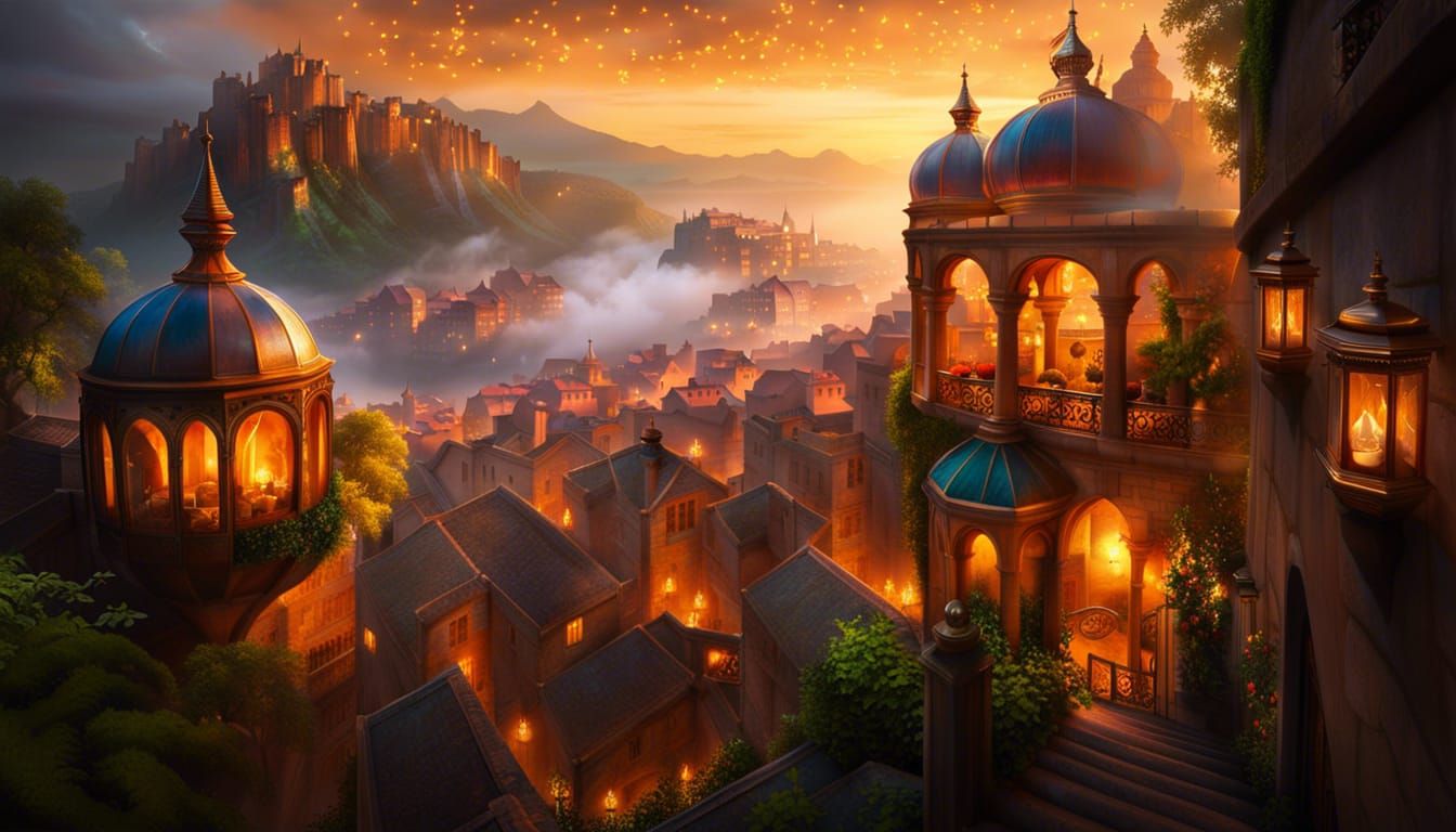 Magical Realism Cityscape at Sunset in Dreamlike Style