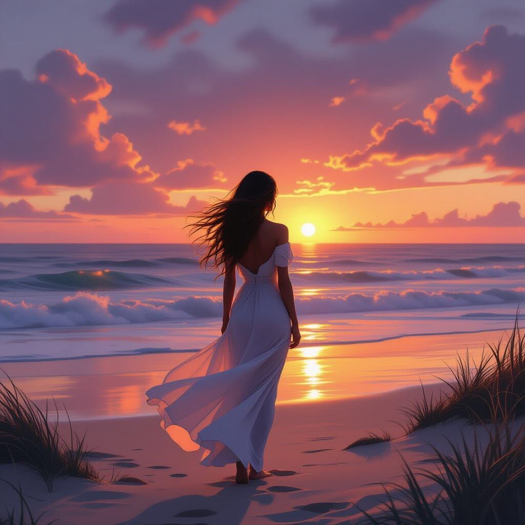 Woman on Beach at Sunset, Concept Art Style