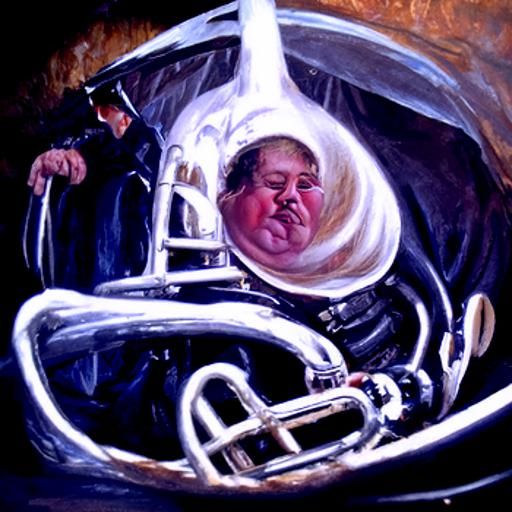 Man's Surreal Transformation into Tuba: Oil Painting
