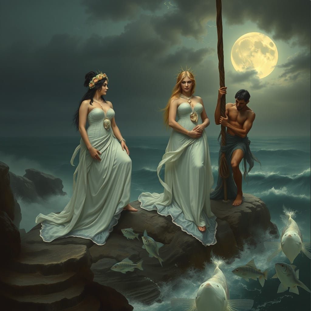 Three Sirens Seduce Ulysses in a Haunting Rococo Scene