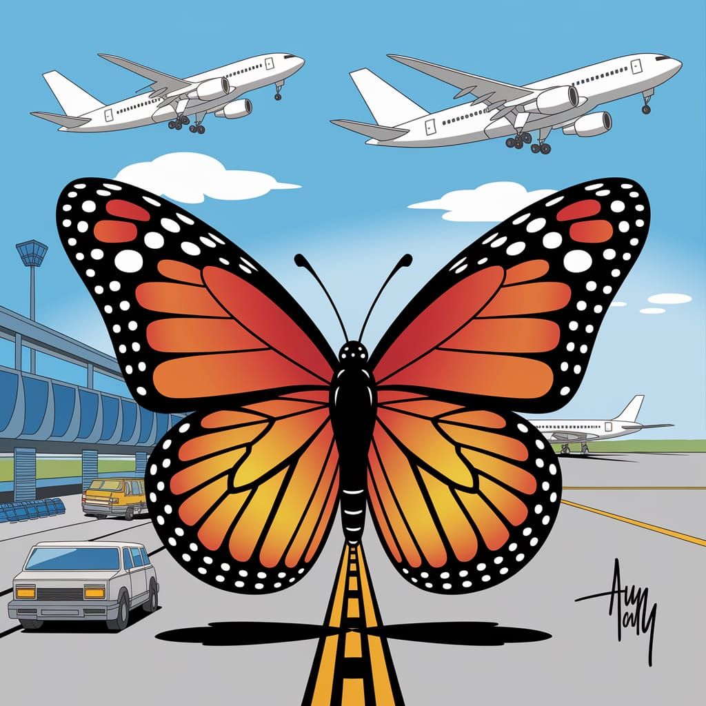 Cartoon of a confused butterfly on an airport