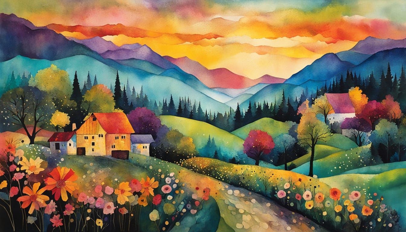 Vibrant Valley Landscape in Whimsical Watercolor Style