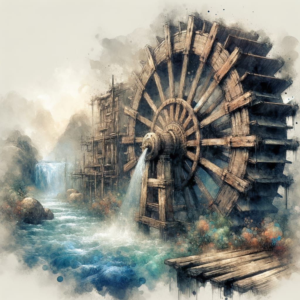 Dramatic Water Wheel as Watercolour Matte Painting